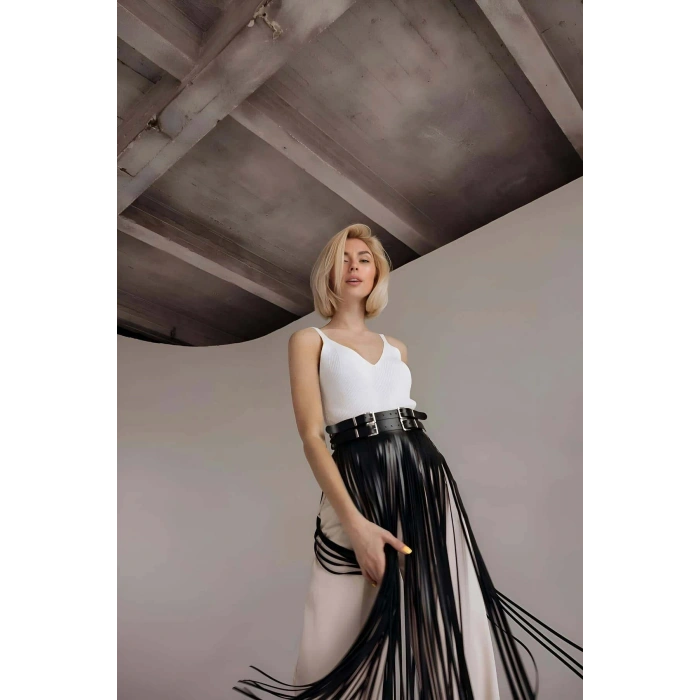 Püsküllü Deri Etek, Bel Üzeri Şık Püsküllü Deri Etek - Brf1090