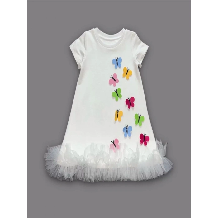 Renkli Kelebekler Nakışlı Eteği Fırfırlı Jile Çocuk Elbisesi Beyaz