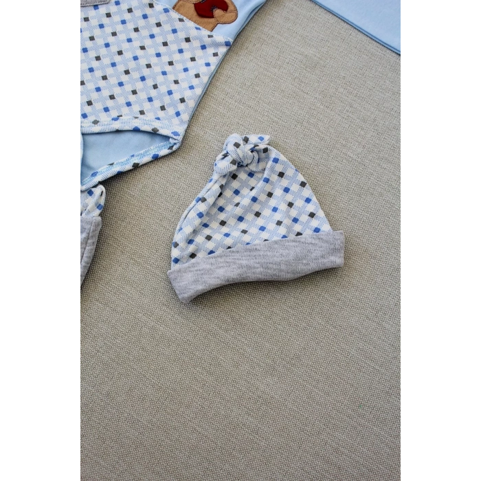 Romantik Aayıcık Nakışlı Şapkalı Uzun Kollu Zıbınlı 3lü Kız-erkek Bebek Takımı Mavi