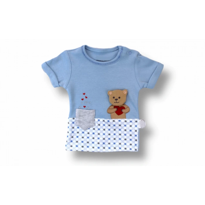 Romantik Ayıcık Nakışlı Bandajlı Kısa Kollu Sweatli 3lü Kız-erkek Bebek Takımı Mavi