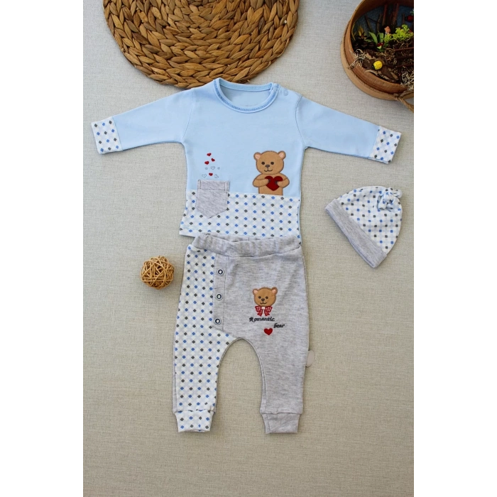 Romantik Ayıcık Nakışlı Şapkalı Uzun Kollu Sweatli 3lü Kız-erkek Bebek Takımı Mavi