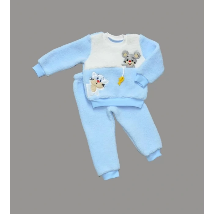 Sallanan Balık Nakışlı Kuzu Kumaş Sweat Pantolon Uzun Kollu Kız Erkek 2 Li Takımı Mavi