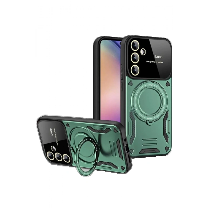 Samsung Galaxy S24 FE Kılıf Joy Lens Standlı Kapak - Koyu Yeşil