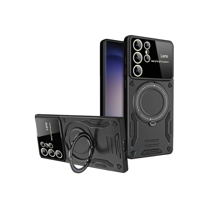 Samsung Galaxy S25 Ultra Kılıf Joy Lens Standlı Kapak - Siyah