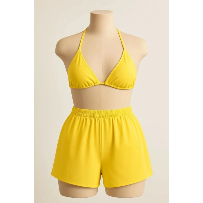Sarı Şortlu Bağlamalı Bikini Takımı Üçgen Kesim Ayarlanabilir Esnek Kumaş Kadın Mayo Seti