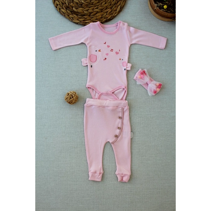 Şarkıcı Kuşlar Nakışlı Bandanalı Uzun Kollu Zıbınlı 3lü Kız Bebek Takımı Pembe