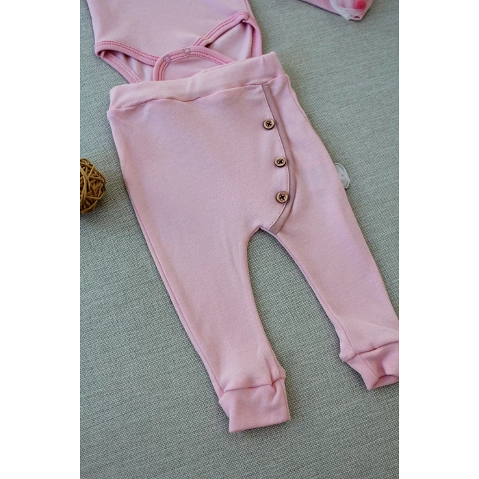 Şarkıcı Kuşlar Nakışlı Bandanalı Uzun Kollu Zıbınlı 3lü Kız Bebek Takımı Pembe