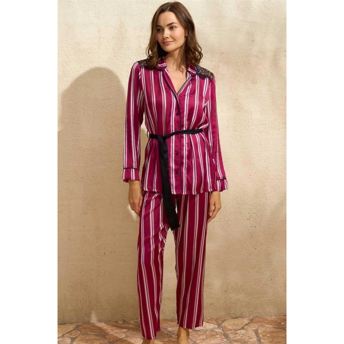Saten Çizgili Düğmeli Uzun Kol Dantelli Gömlek Ve Pantolon Pijama Takım (9765)