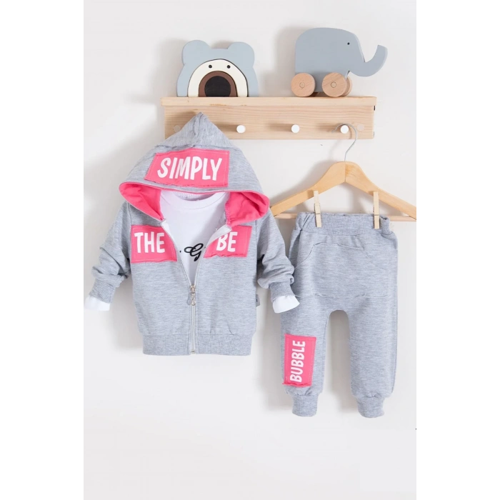 Simply Desenli Kapişonlu 3lü Kız Bebek Takımı