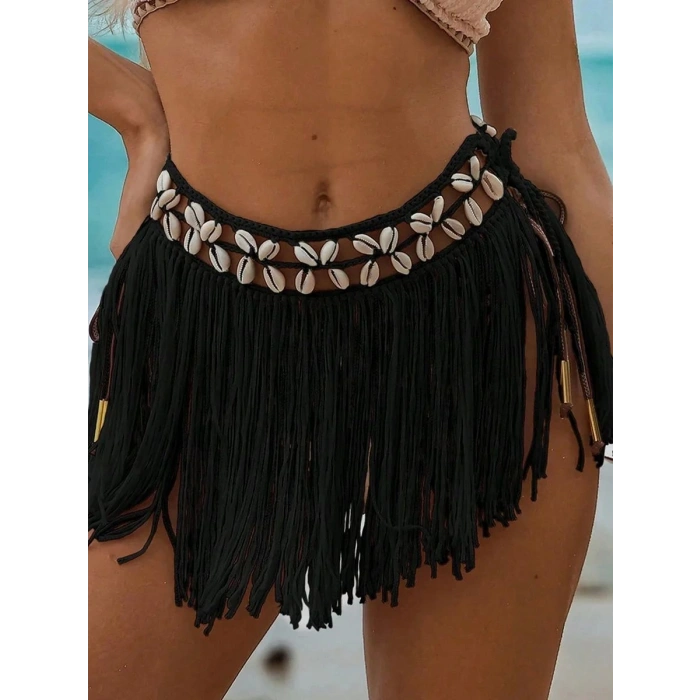 Siyah Bikini Üstü Deniz Kabuklu Püsküllü Pareo,beachwear,bikini Üstü El Emeği Plaj Eteği,bohem Etek