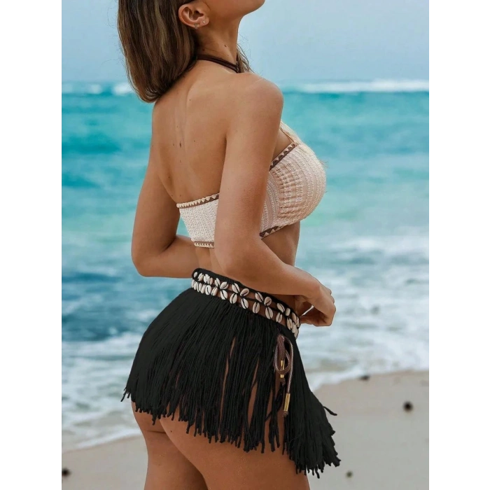 Siyah Bikini Üstü Deniz Kabuklu Püsküllü Pareo,beachwear,bikini Üstü El Emeği Plaj Eteği,bohem Etek