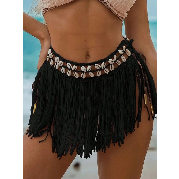Siyah Bikini Üstü Deniz Kabuklu Püsküllü Pareo,beachwear,bikini Üstü El Emeği Plaj Eteği,bohem Etek