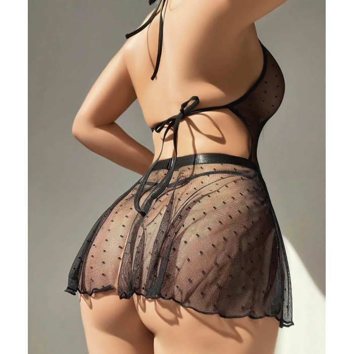 Siyah Boyundan Bağlamalı Dantel İşlemeli Puantiyeli Tül Fantezi Gecelik