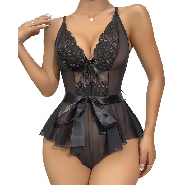 Siyah Dantel İşlemeli Kurdelalı Fantezi Tül Babydoll