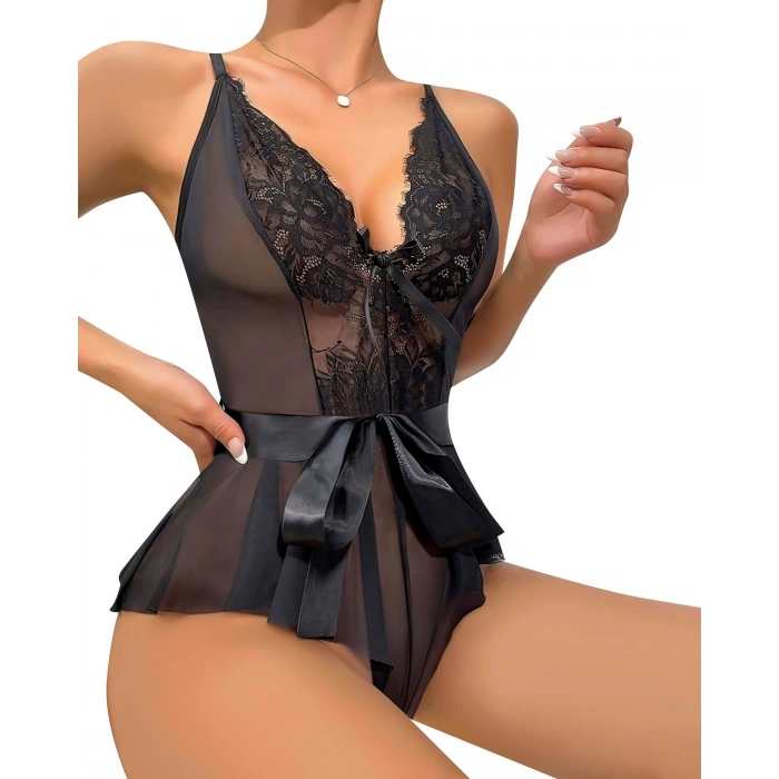 Siyah Dantel İşlemeli Kurdelalı Fantezi Tül Babydoll