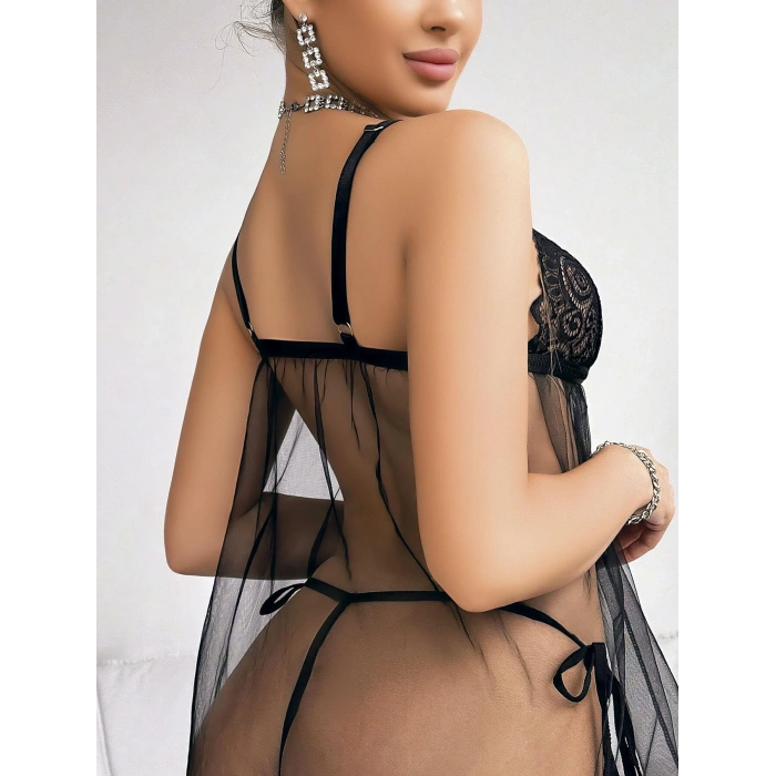 Siyah Dantel İşlemeli Önden Bağlamalı Fantezi Şık Tül Gecelik