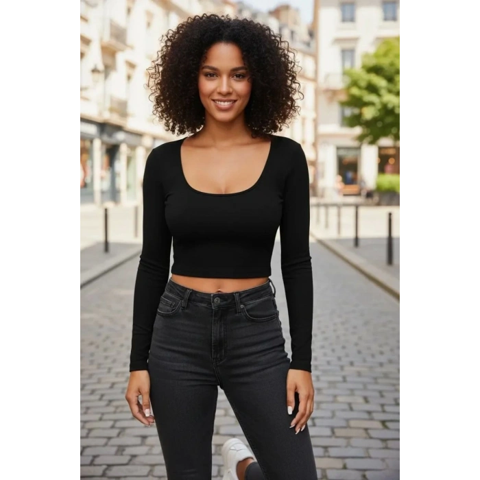 Siyah Derin U Yaka Crop Top Uzun Kollu Dar Kesim Kadın Bluz