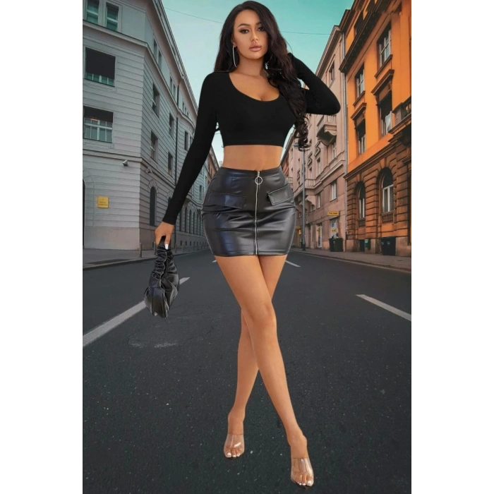 Siyah Derin U Yaka Crop Top Uzun Kollu Dar Kesim Kadın Bluz