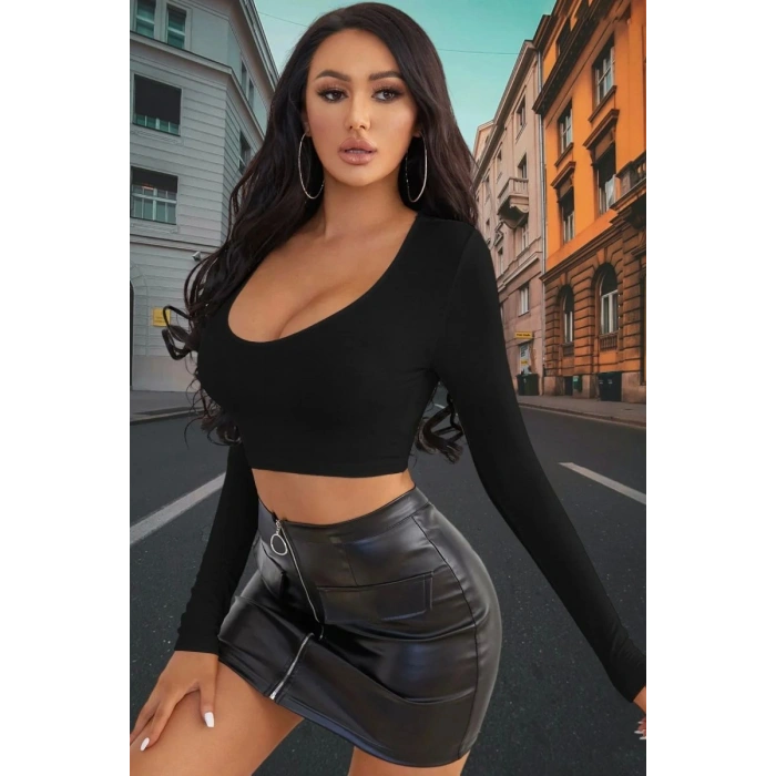Siyah Derin U Yaka Crop Top Uzun Kollu Dar Kesim Kadın Bluz