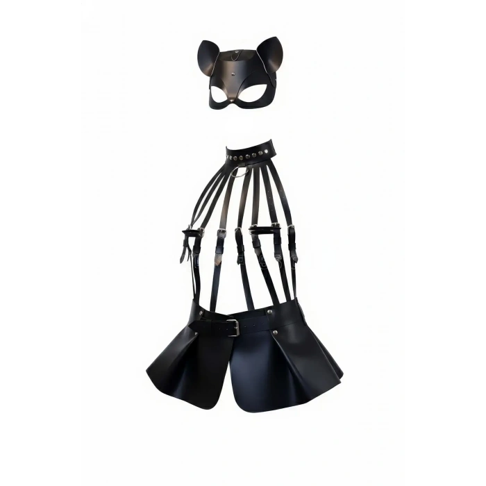 Siyah Etek Deri Harness Detaylı Etek Zımbalı Mini Etek - Brf1313