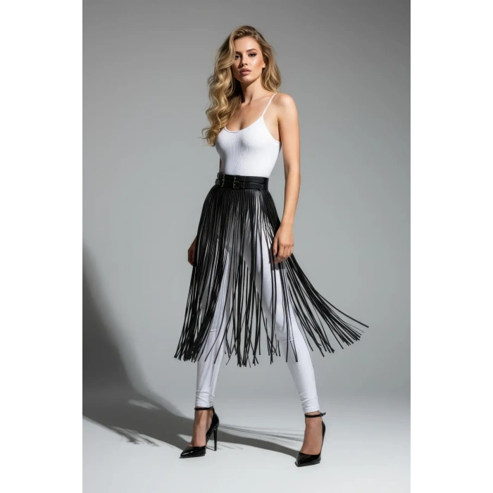 Siyah Etek Deri Uzun İnce Şerit Detaylı Etek - Brf1090