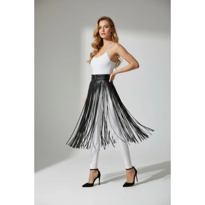 Siyah Etek Deri Uzun İnce Şerit Detaylı Etek - Brf1090