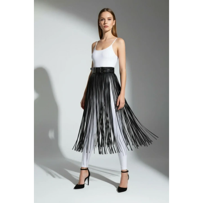 Siyah Etek Deri Uzun İnce Şerit Detaylı Etek - Brf1090