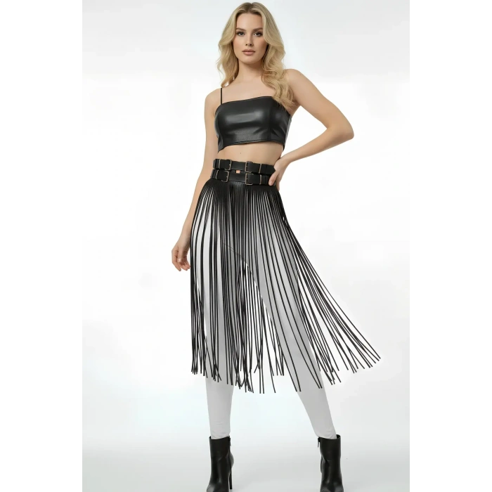 Siyah Etek Deri Yüksek Bel Etek Çift Tokalı Uzun - Brf1090