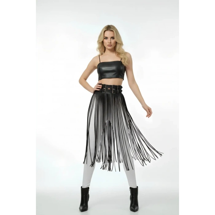 Siyah Etek Deri Yüksek Bel Etek Çift Tokalı Uzun - Brf1090