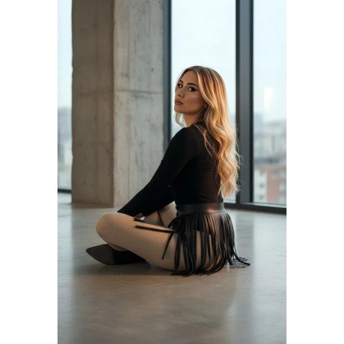 Siyah Etek Suni Deri Etek Püsküllü Mini Etek Boy - Brf1400