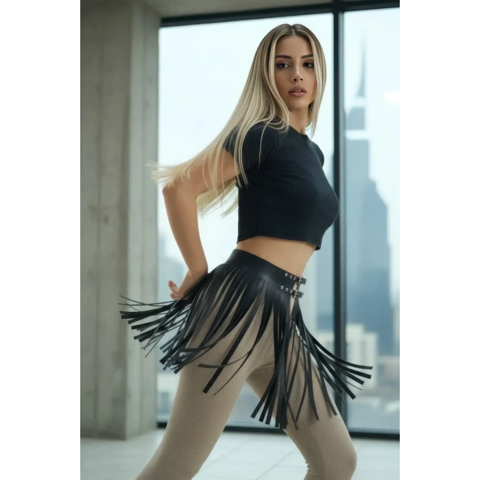 Siyah Etek Suni Deri Etek Püsküllü Mini Etek Boy - Brf1400