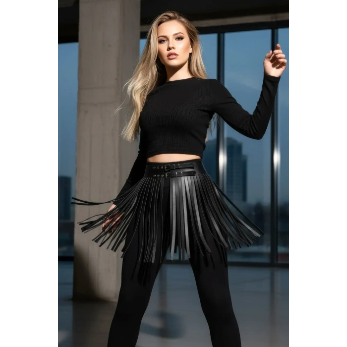 Siyah Etek Suni Deri Etek Püsküllü Mini Etek Boy - Brf1400