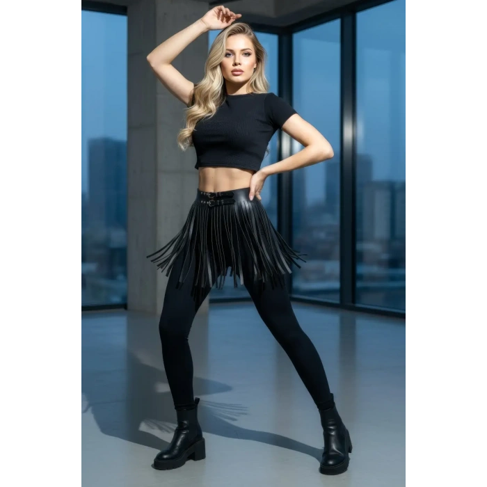 Siyah Etek Suni Deri Etek Püsküllü Mini Etek Boy - Brf1400