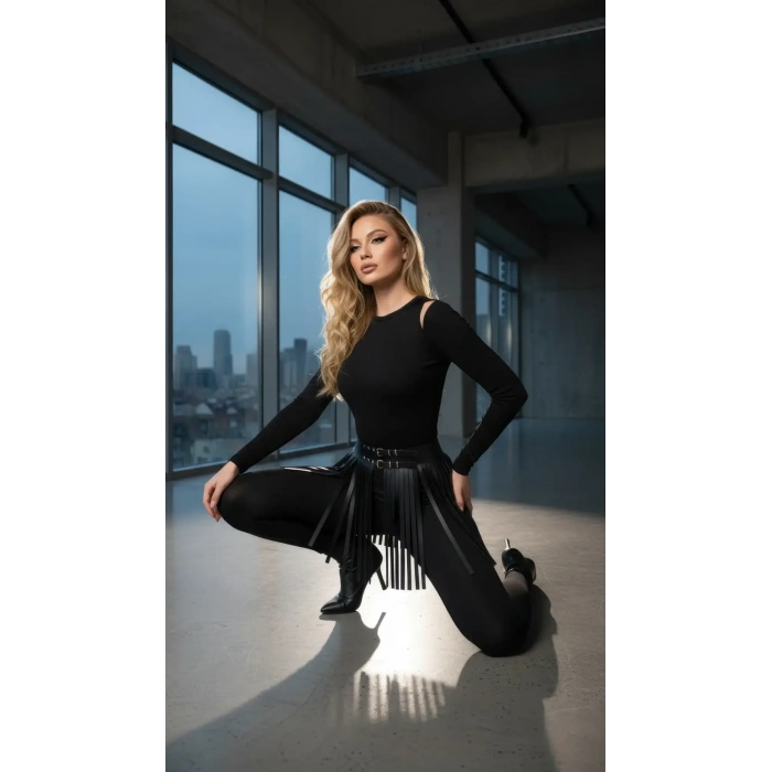 Siyah Etek Suni Deri Etek Püsküllü Mini Etek Boy - Brf1400