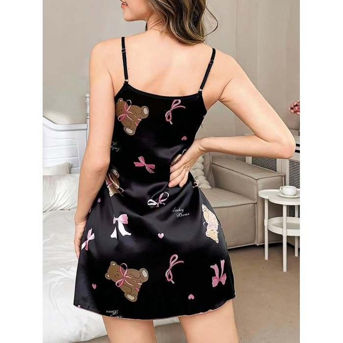 Siyah İnce Askılı Ayıcık Desenli Saten Mini Gecelik