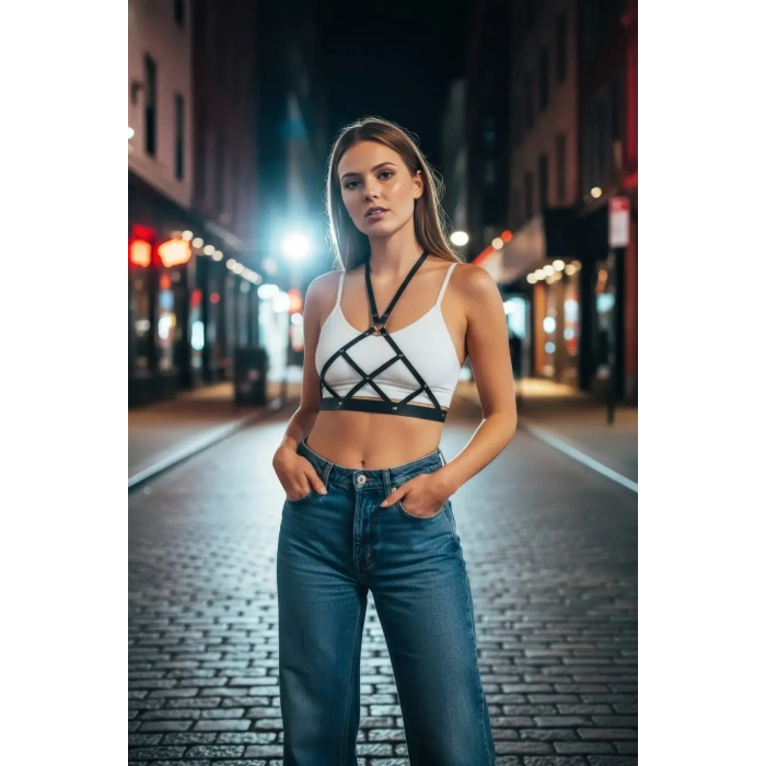 Siyah Kadın Kemer Çapraz Suni Deri Vücut Aksesuarı - Brf187