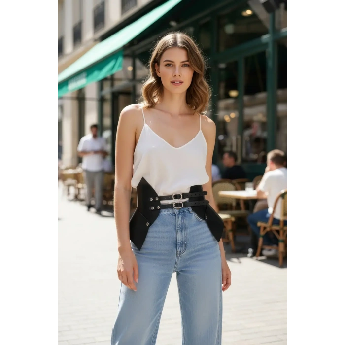 Siyah Kadın Kemer Çift Tokalı Geniş Korse Kemer - Brf1010