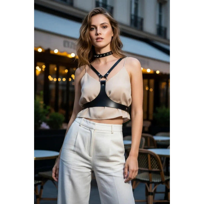 Siyah Kadın Kemer Deri Göğüs Üstü Vücut Aksesuarı - Brf1299