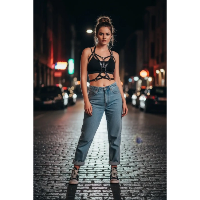 Siyah Kadın Kemer Halka Detaylı Vücut Aksesuarı - Brf107