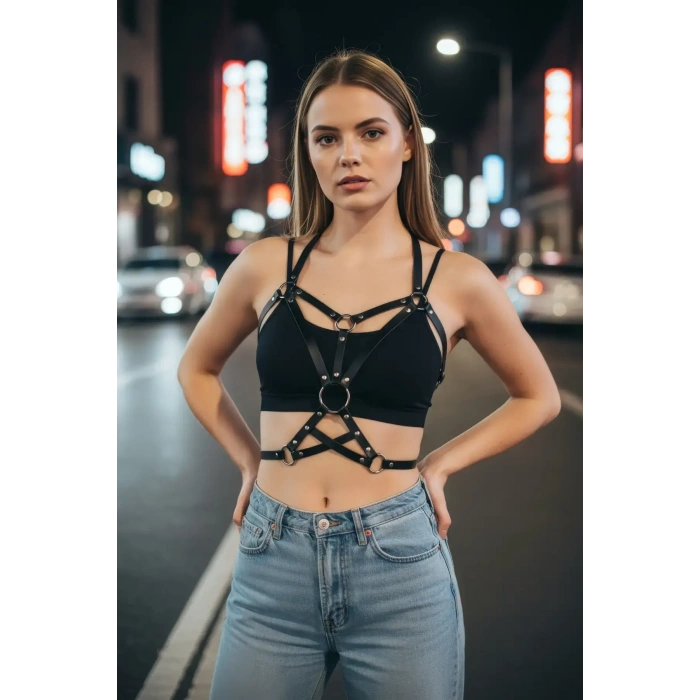 Siyah Kadın Kemer Halka Detaylı Vücut Aksesuarı - Brf107