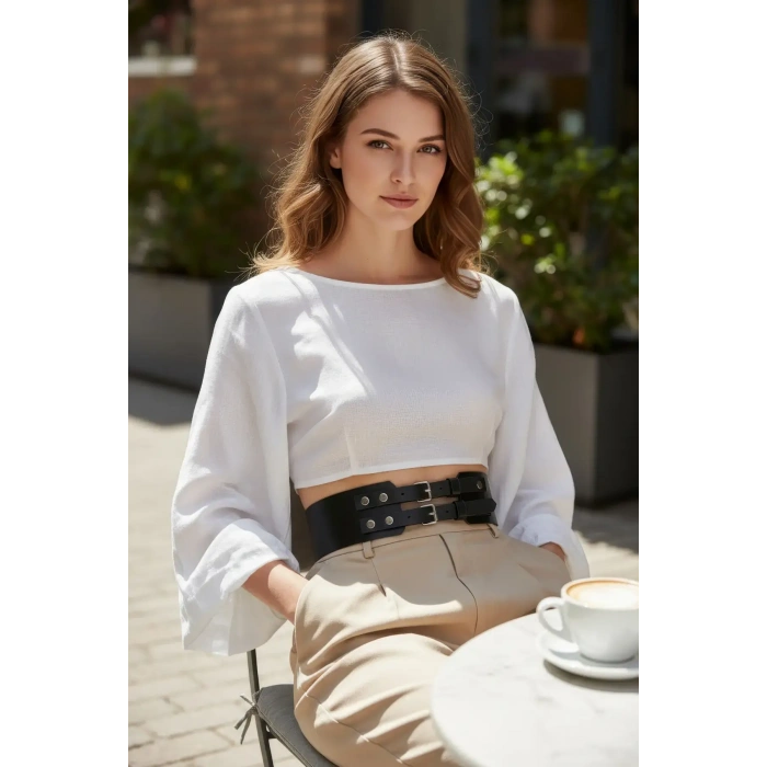 Siyah Kadın Kemer Kalın Çift Tokalı Bel Aksesuarı - Brf1203