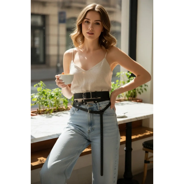 Siyah Kadın Kemer Kalın Ve İnce İkili Bel Aksesuarı - Brf1129