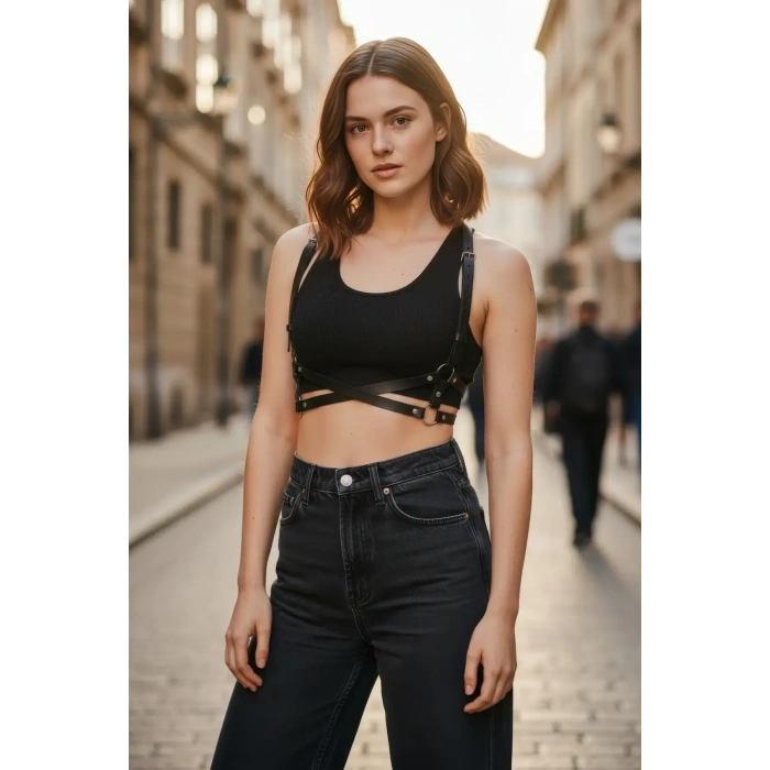 Siyah Kadın Kemer Suni Deri Çapraz Vücut Aksesuarı - Brf204