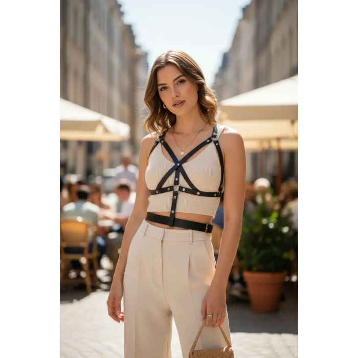 Siyah Kadın Kemer Zımbalı Vücut Aksesuarı - Brf1294