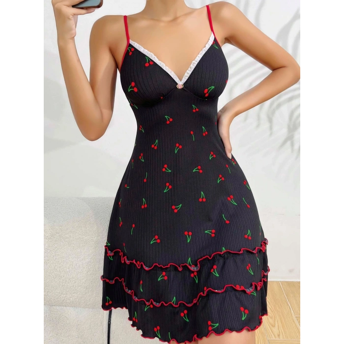 Siyah Kiraz Baskılı  Akılı Gecelik 5110