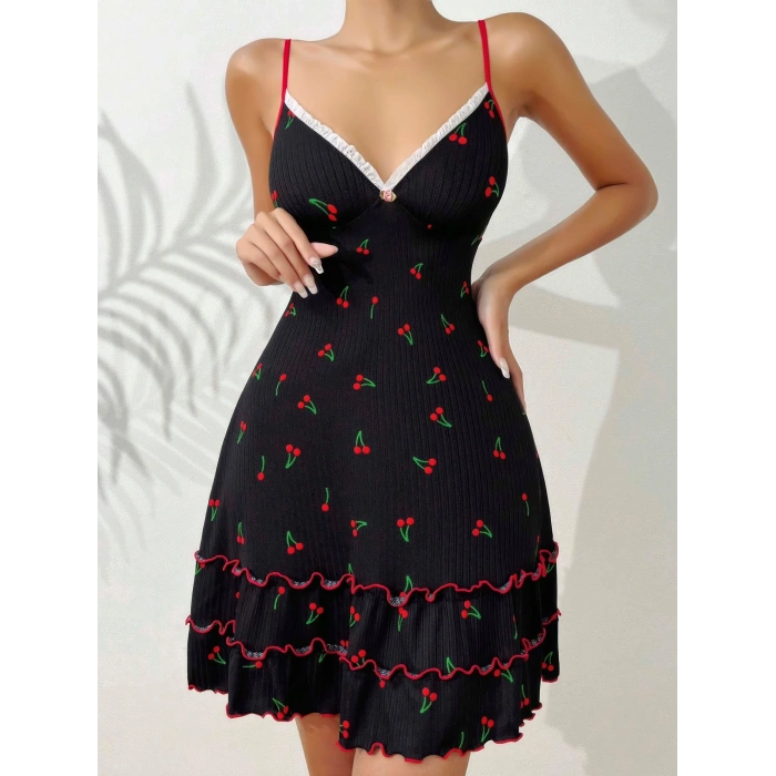 Siyah Kiraz Baskılı  Akılı Gecelik 5110