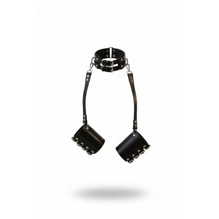 Siyah Kırbaç - Kelepçe Çift Tokalı Deri Boyunluk Bilek Kelepçe Seti - Brf1367