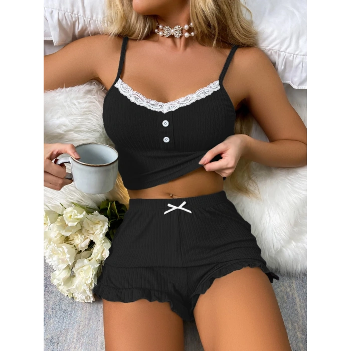 Siyah Likralı Düğmeli Yumuşacık 2li Pijama Takımı