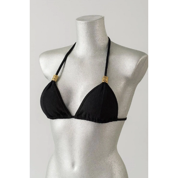 Siyah Pedli Üçgen Bikini Üstü Halter Bağlamalı Aksesuarlı Esnek Kumaş Kadın Mayo Üstü
