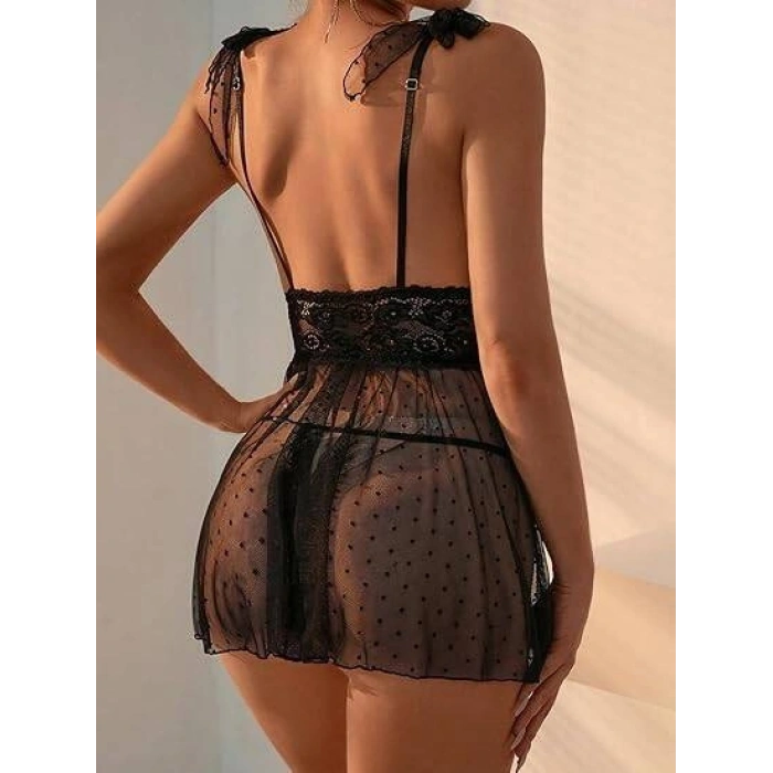 Siyah Tül İnce Askılı Mini Gecelik